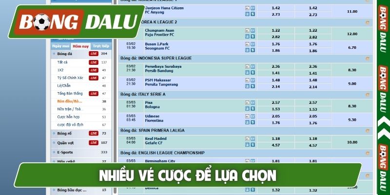 Nhiều vé cược để lựa chọn